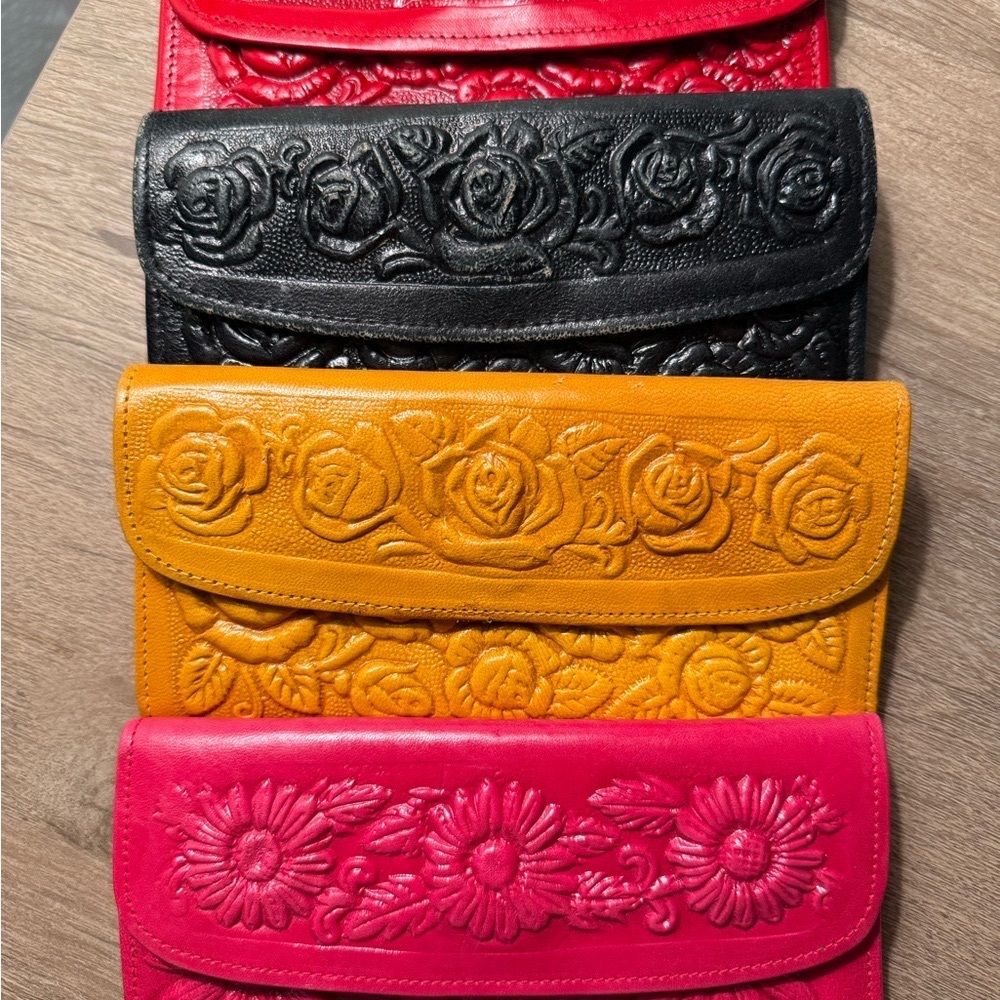 Floral Embossed Mexican Leather Clutch/wallets 4 in Black/Mustard/Red/Pink